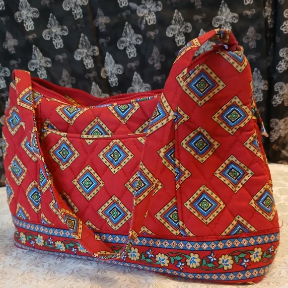 Vera Bradley Red and Blue Satchel with Geometric Patterns - Picture 2 of 7